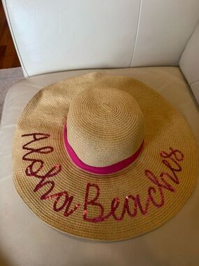 Straw Sun Hat with Pink Ribbon and Sequin "Aloha Beaches” floppy hat!